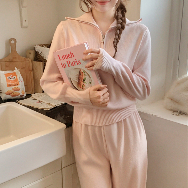 반집업 하이넥 니트 올밴딩 팬츠 세트 st3007 제품 이미지