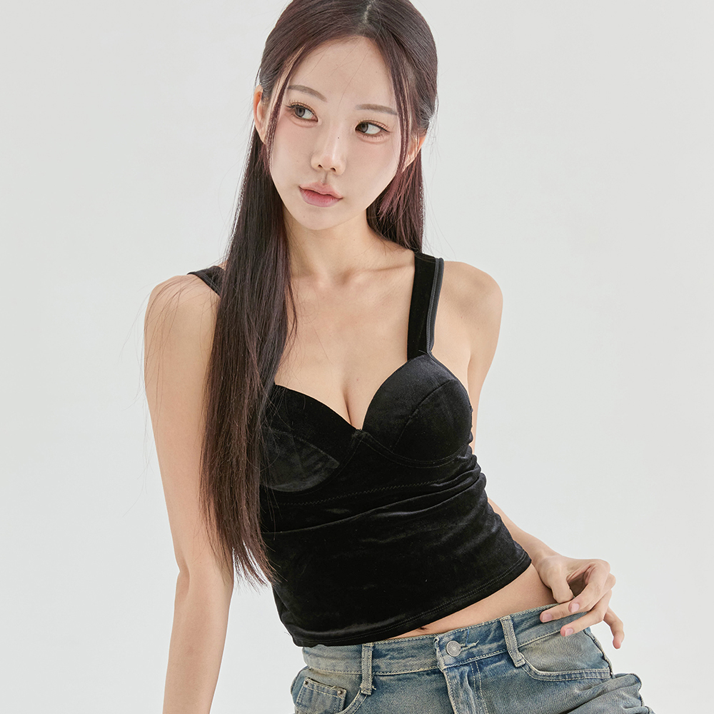 [재고할인]  벨벳 볼륨 캡나시 노와이어 브라탑 민소매 레이어드 크롭나시 연말 크리스마스룩 - 상품 이미지