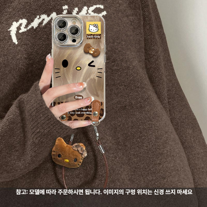 폰17프로맥스 케이스 커피색 보호커버 포함 캣+리본+버클+피규어 스트랩 iPhone 17 - 상품 이미지