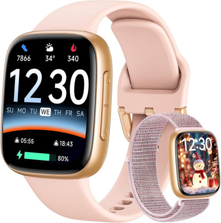 [해외]여성용 핏폴로 스마트워치 블루투스 통화 심박수 /수면 /SPO u2082 모니터 100개 이상의 스포츠 모드 안드로이드용 3ATM 방수 2개의 밴드 포함 Light Pink