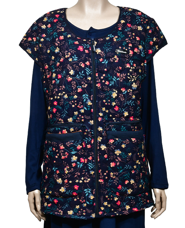 플라워 패턴 보온력이 좋은 조끼형 앞지퍼 누빔 기모앞치마