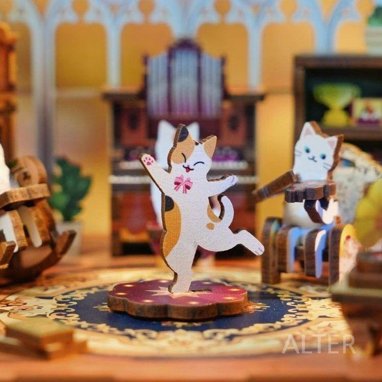 춤추는 고양이 오르골 뮤직박스 뮤직 우드 인테리어 조립 생일 집들이 선물 고양이 모임 - 상세 이미지 3