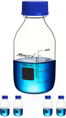 맥엑스 17온스(500ml) 유리 원형 미디어 보관 병 4팩 GL45 나사 캡이 있는 튼튼한 3.3 붕규산염 GL45RB500-004 Vol.1000ml