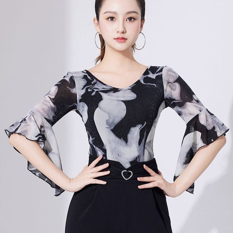 라인 라틴 댄스복 상의 모던 블라우스 티셔츠 연습복 - 상품 이미지