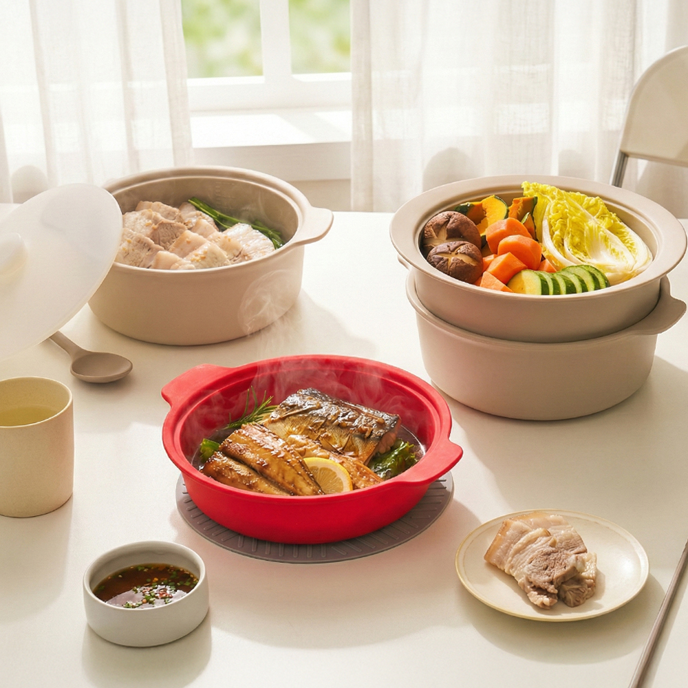 [N배송] 실리팟 프리미엄 실리콘 원형 2단 찜기 전자레인지 오븐 용기 제품 이미지