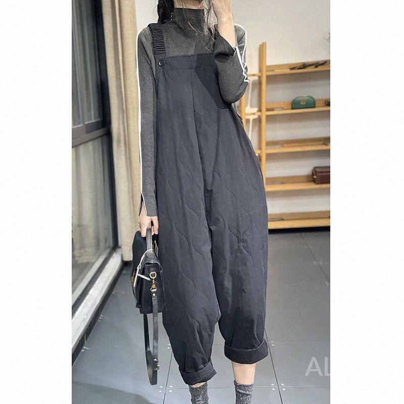 겨울 누빔 멜빵바지 솜바지 퀄팅 팬츠 점프수트 검은색 M - 상세 이미지 4