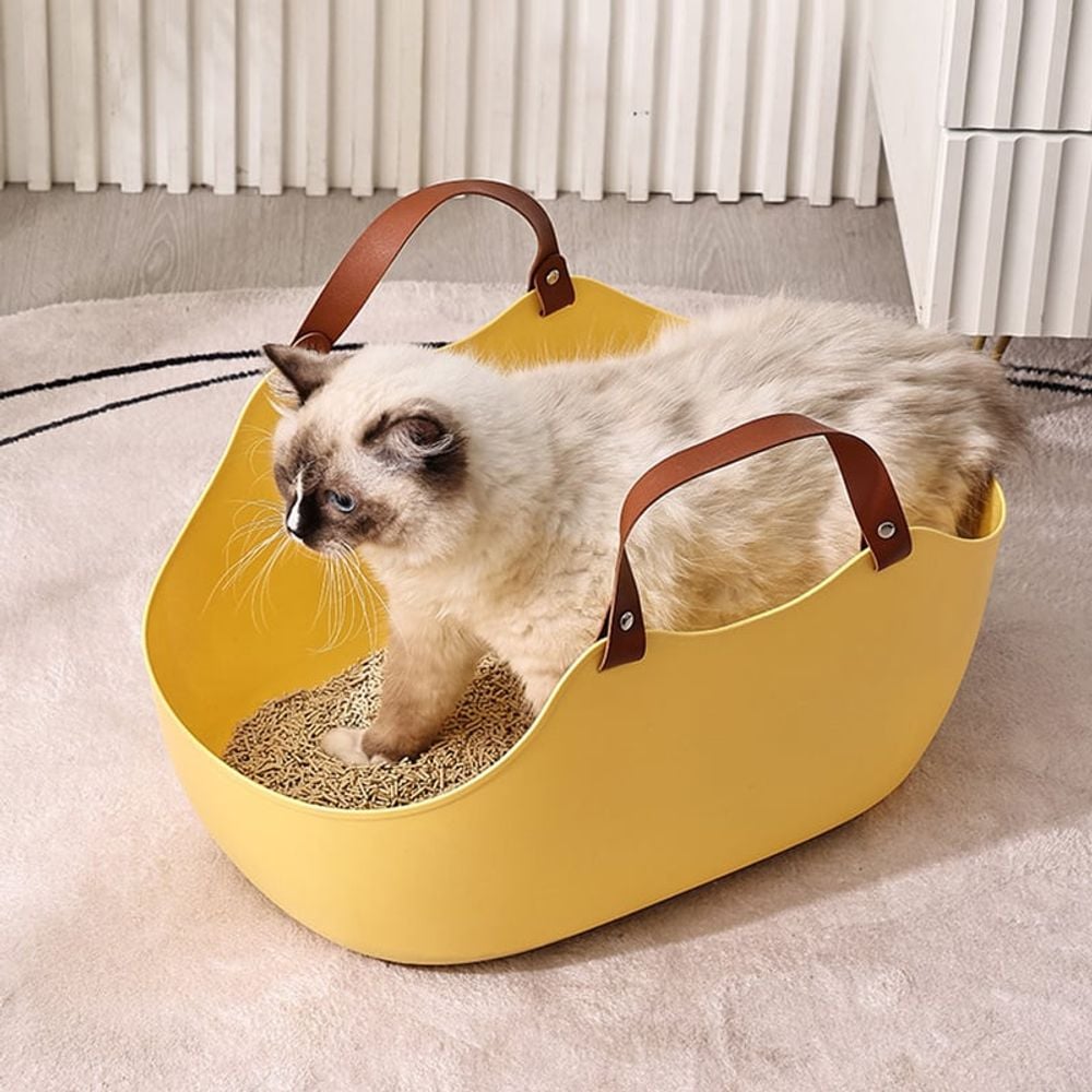 고양이 화장실 펫용품 키우기 반려동물 휴대용 손잡이 변기통 옐로우 - 상품 이미지