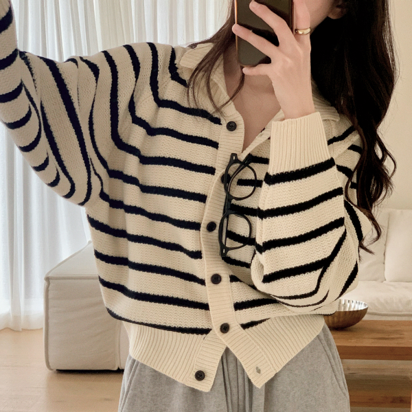 단가라 카라 라벨 긴팔 가디건 cd3562 제품 이미지