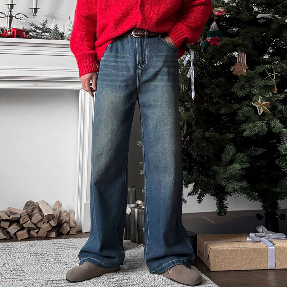 남자 스안 봄 가을 3단기장 히든밴딩 워싱 와이드 청바지 제품 이미지