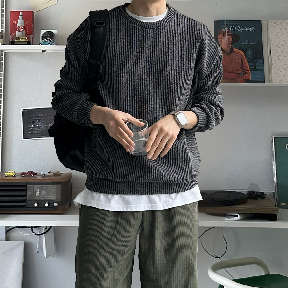 남자 니트 구김없는 골지 오버핏 니트 맨투맨 남자 스웨터 제품 이미지