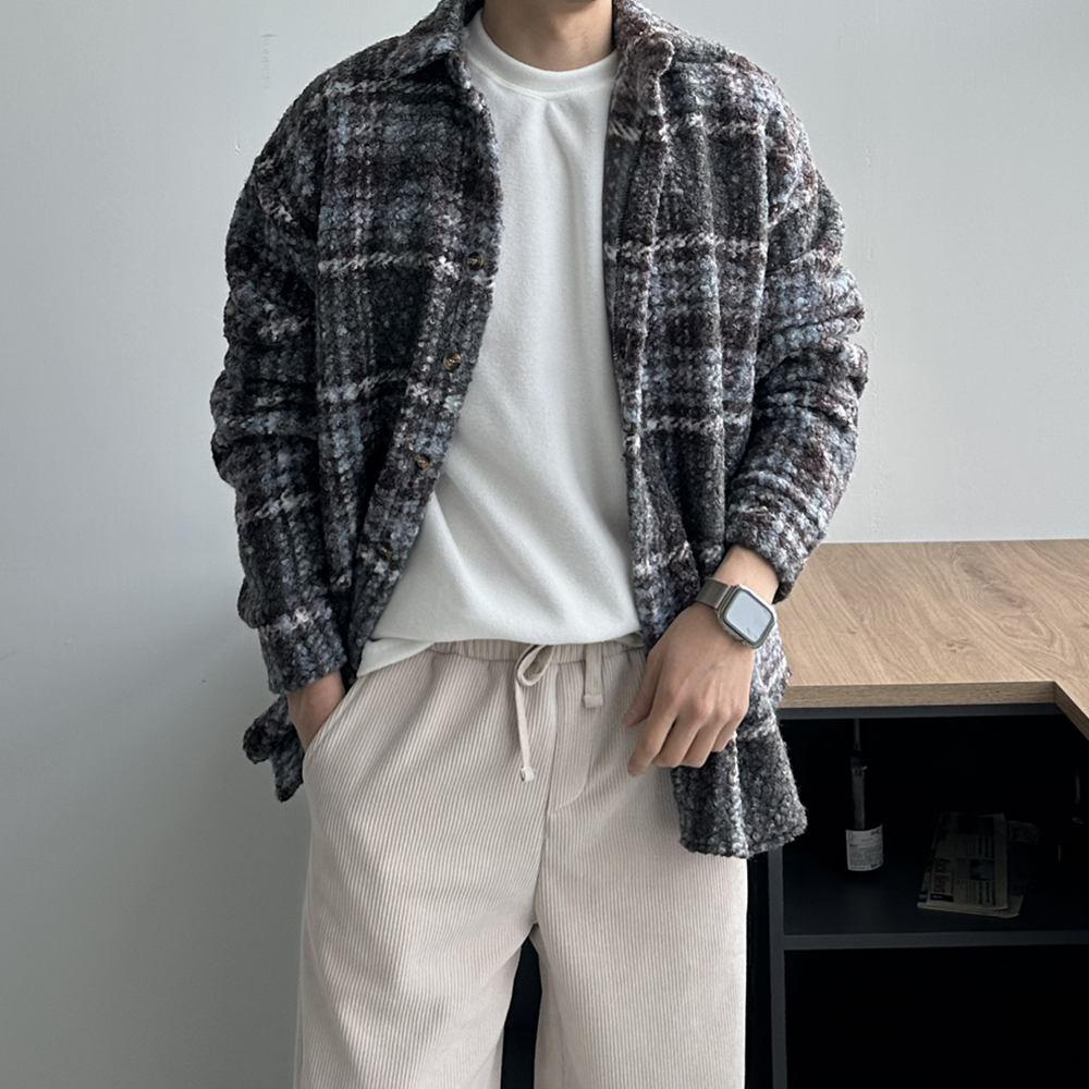 남자 체크셔츠 오버핏 모직 겨울 남방 기모 남자 셔츠 - 상세 이미지 5