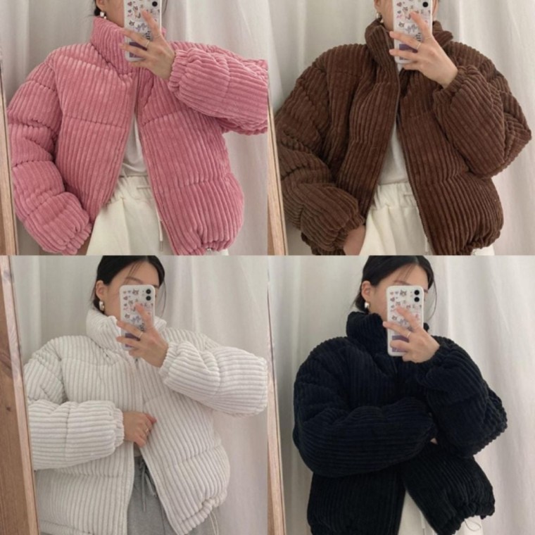 겨울철 밑단 스트링 코듀로이 하이넥 여성 숏패딩 - 상품 이미지