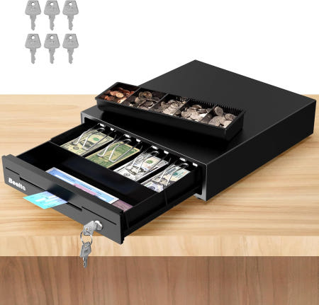 Beelta 13 중소기업용 캐시 리기스터 서랍 4장 지폐 /5 코인(체크 슬롯 포함) 강철 구조 POS와 함께 작동(키 및 RJ11 /12 케이블 - BK13E Black
