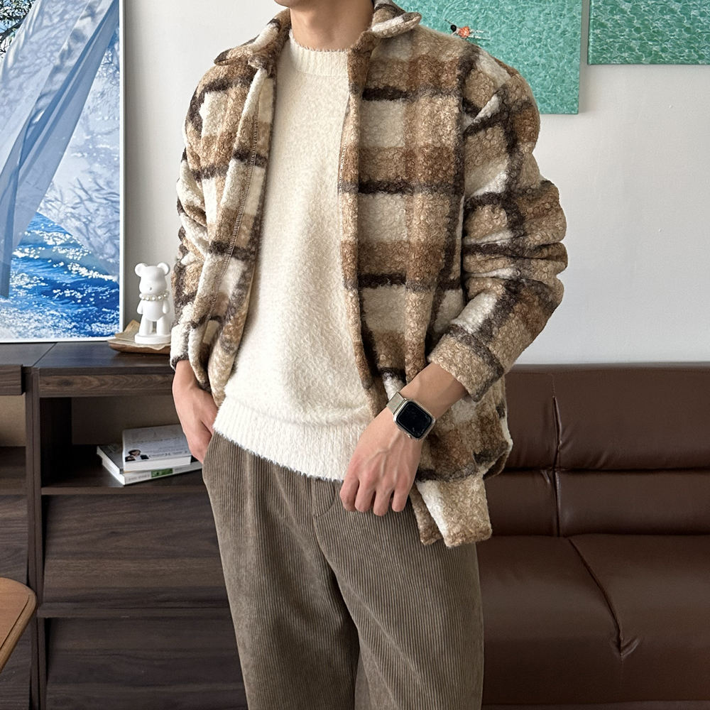 남자 체크셔츠 오버핏 모직 겨울 남방 기모 남자 셔츠 - 메인 이미지