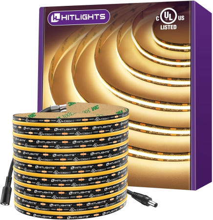 HitLights COB LED 스트립 조명 따뜻한 흰색 3000K 16.4피트 프리미엄 12V 테이프 고밀도 2400개의 305+ LM /FT 16.4ft Strip Only