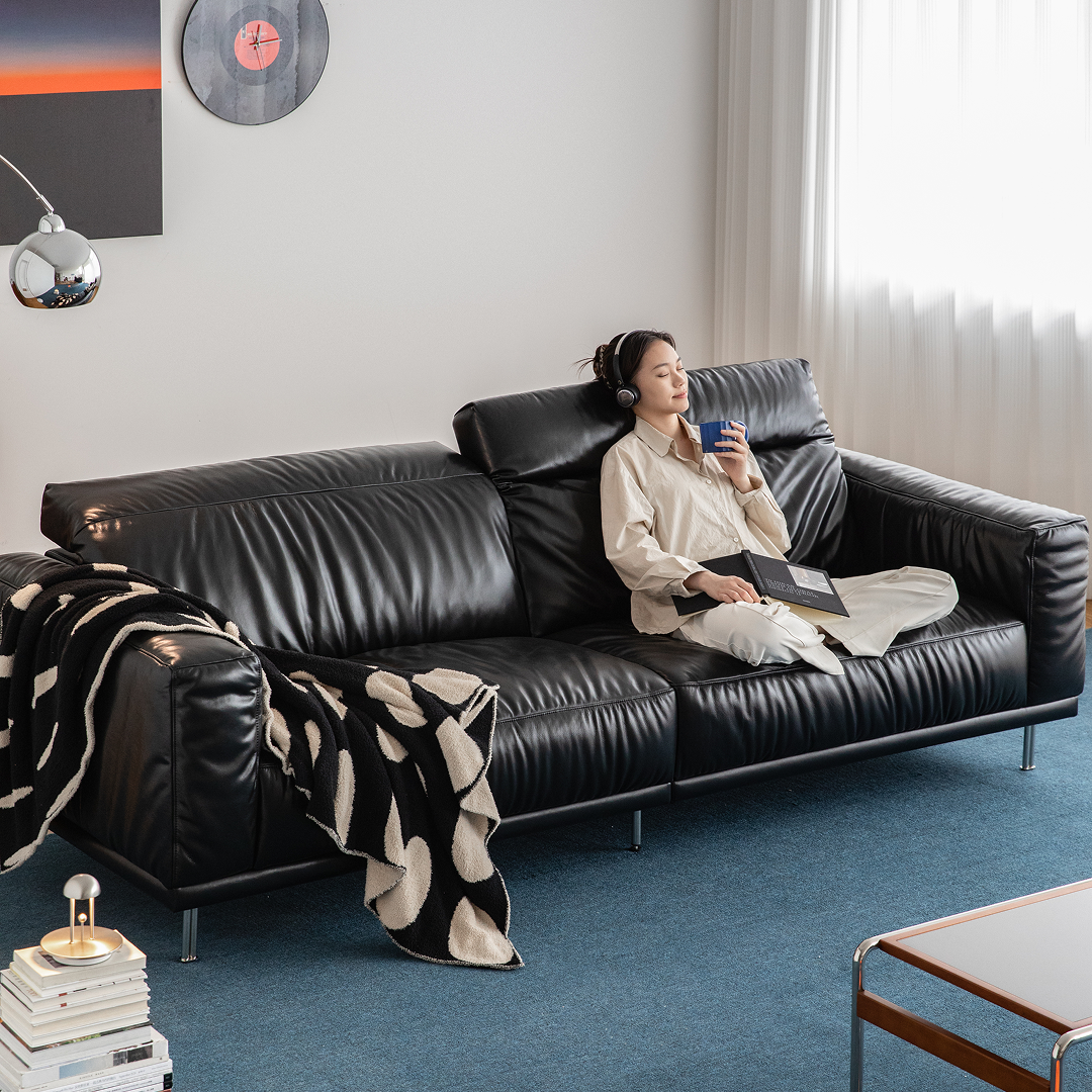 3인 천연 가죽 스윙 소파 블랙 빈티지 소파 통가죽쇼파