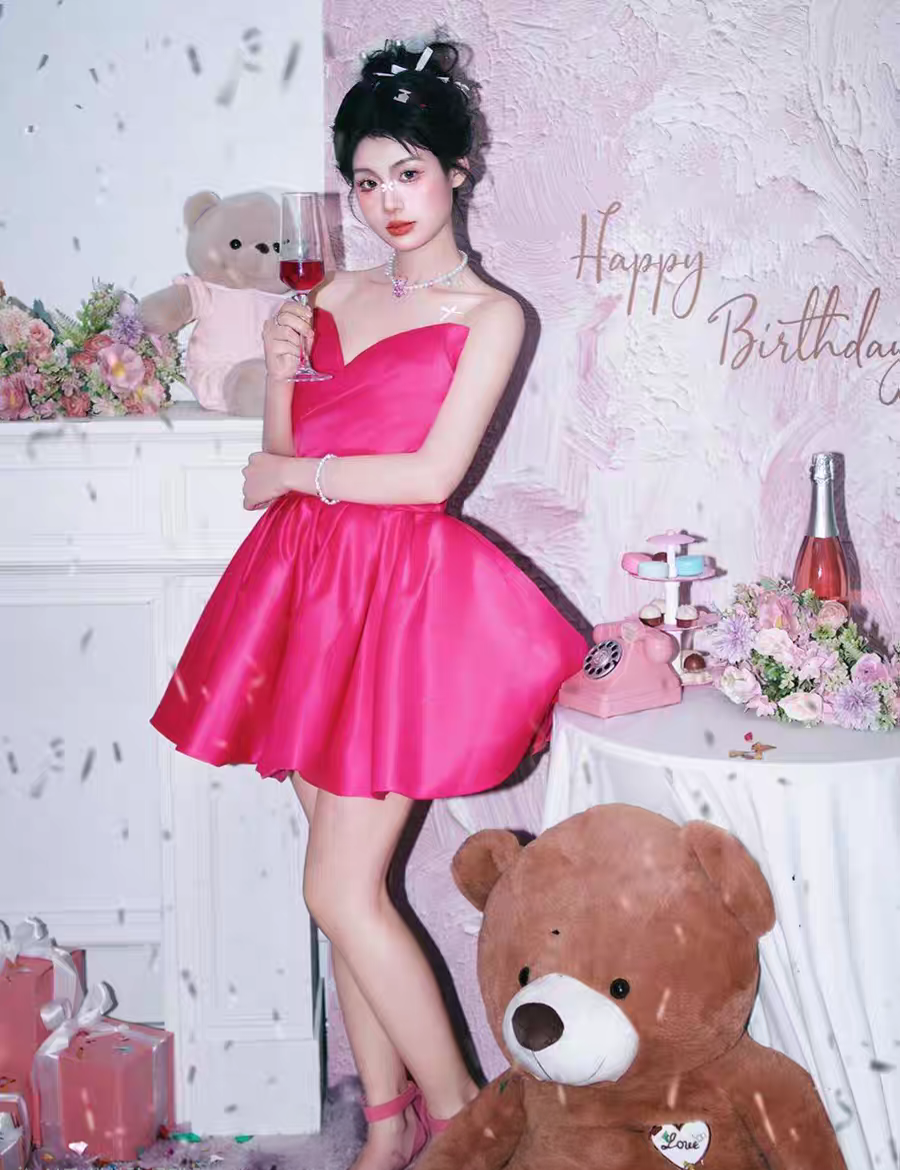 파티드레스 비비드핑크 미니 플레어 스위트하트 네크라인 생일파티 화보촬영 브라이덜샤워 드레스 - 상세 이미지 2