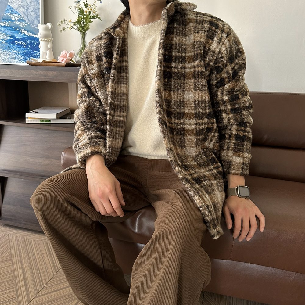 남자 체크셔츠 오버핏 모직 겨울 남방 기모 남자 셔츠 - 상세 이미지 2