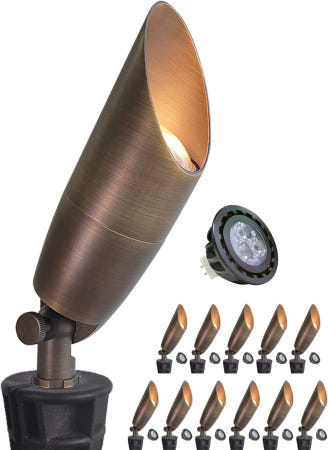 [해외]MALORY 솔리드 브라스 랜드스케이프 스포트라이트 12팩 전구(S06) 저전압 전면 및 뒷마당 조명 대형 러기드 슬롯 스파이크 와이어 커넥터 12V S05-Bronze