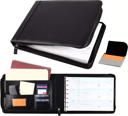 [해외]2겹 지퍼 비즈니스 체크북 바인더 - 정리함과 카드 케이스가 내장된 체크용 링 7개 최대 600개의 3업 체크를 위한 PU 가죽 포트폴리오(블랙) Black