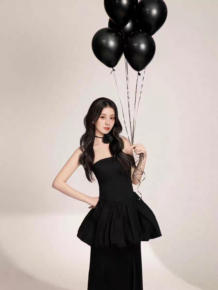블랙 튜브탑 웨딩 투피스 드레스 화보촬영 스냅 촬영용 플라워 초커 포함 - 상세 이미지 3