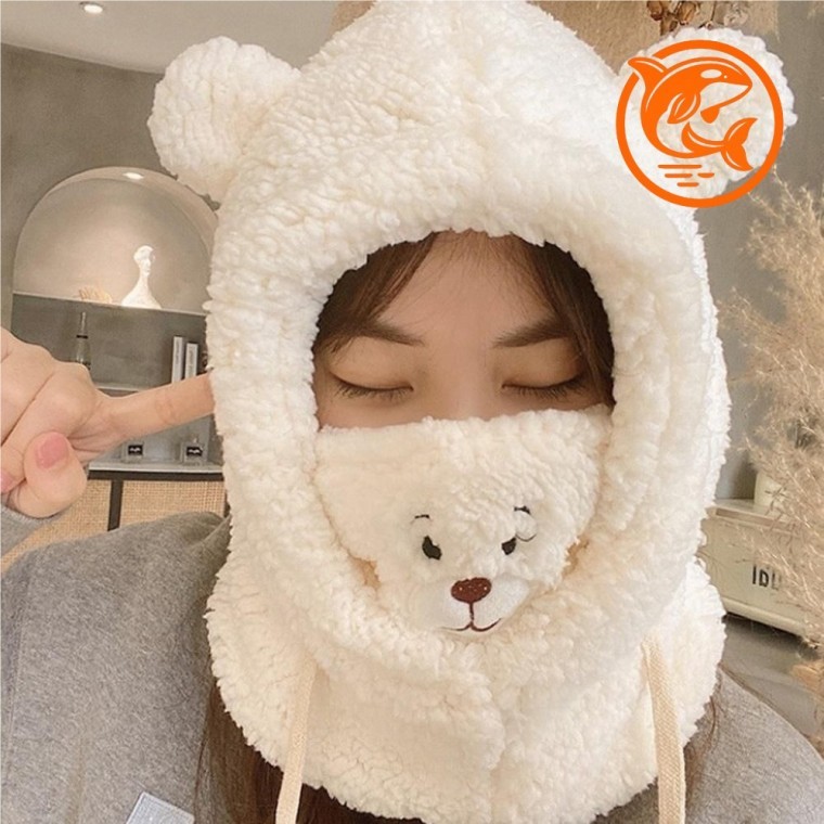귀여운 곰 캐릭터 방한 털 모자 넥워머 따뜻한 겨울 마스크 - 상품 이미지
