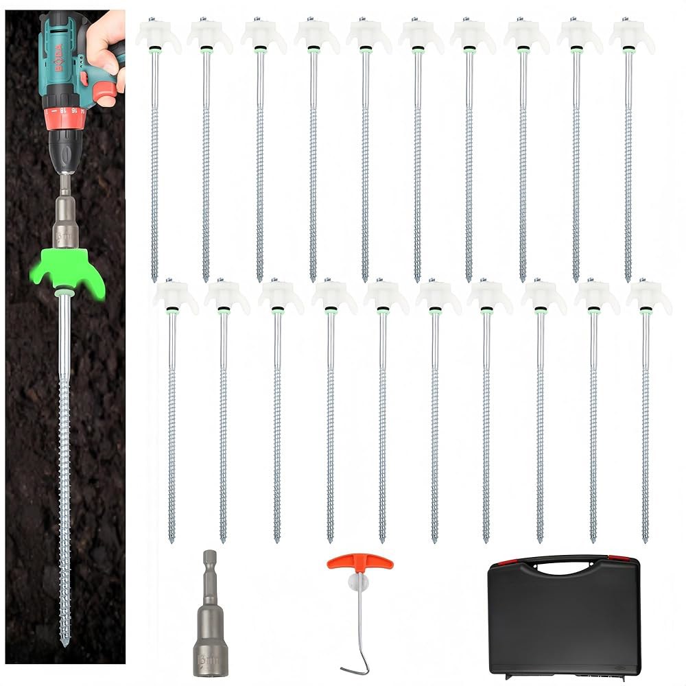 20팩 25.4cm(10인치) 나사 인 텐트 말뚝 튼튼함, 야광 금속 말뚝, 육각 헤드 드라이버 포함, 캠핑, 파티오, 차양, 캐노피 및 바람이 부는 조건을 위한 그라운드 앵커 - 상품 이미지