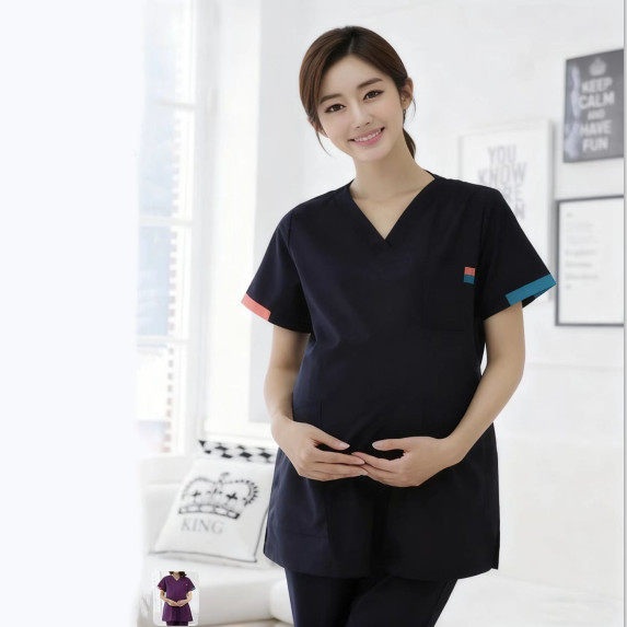 임산부 병원 간호복 여름 시원한 부드러운 면혼방 라운드넥 반팔 상의 하의 투피스 세트 - 상품 이미지