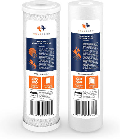 아쿠아분 5 마이크론 10 x 2.5 가정용 정수 필터 카트리지 WHKF-WHWC P5 WHKF-GD05와 호환되는 침전물 및 탄소 교체품 2개 세트 Set of 2