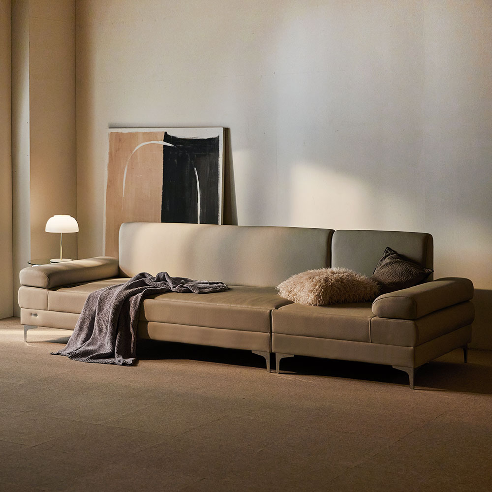 장인가구 비움 황토볼 온열 4인 가죽 카우치 흙소파 +보료