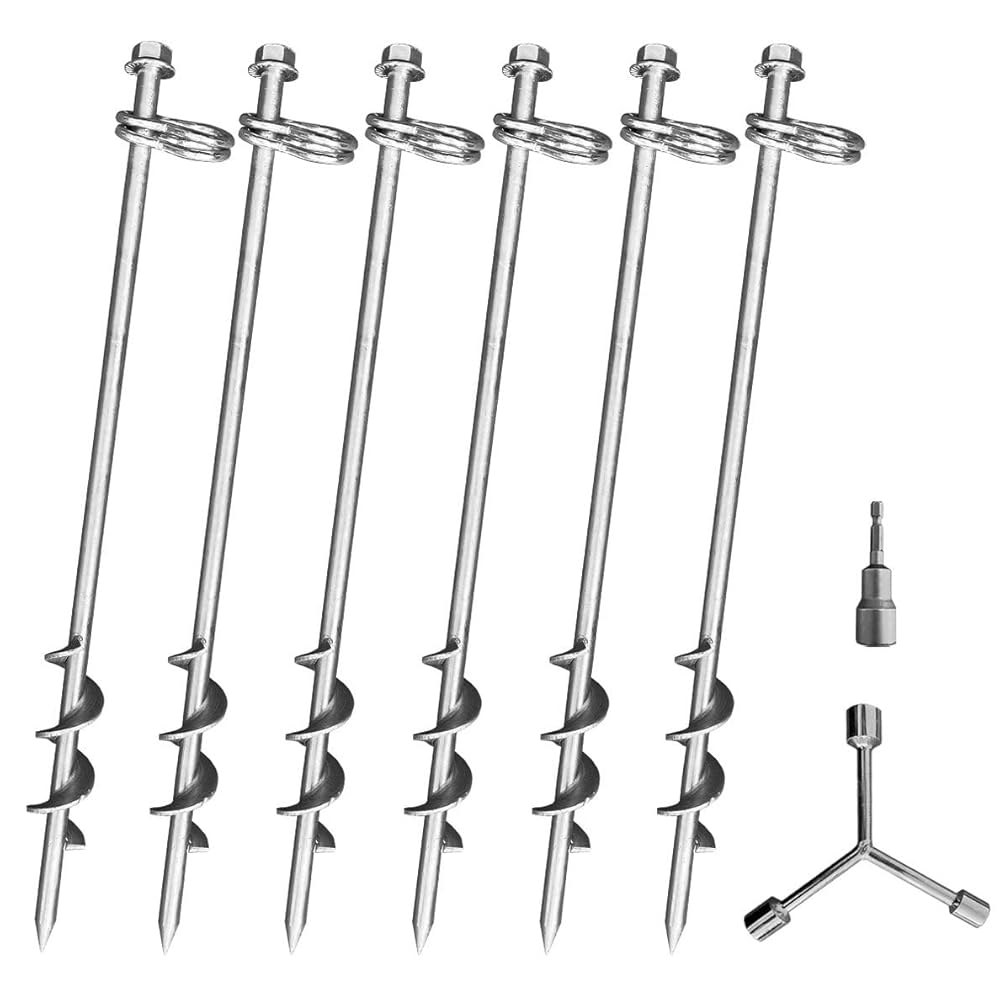 그라운드 앵커 스크류 인 - 40.6cm(16인치) 6개 세트 텐트 말뚝 튼튼한 이중 임의 방향 아연 도금 키트 스윙 및 트램펄린 세트용, 강한 바람, 견고한 금속 육각 머리 강아 - 상품 이미지