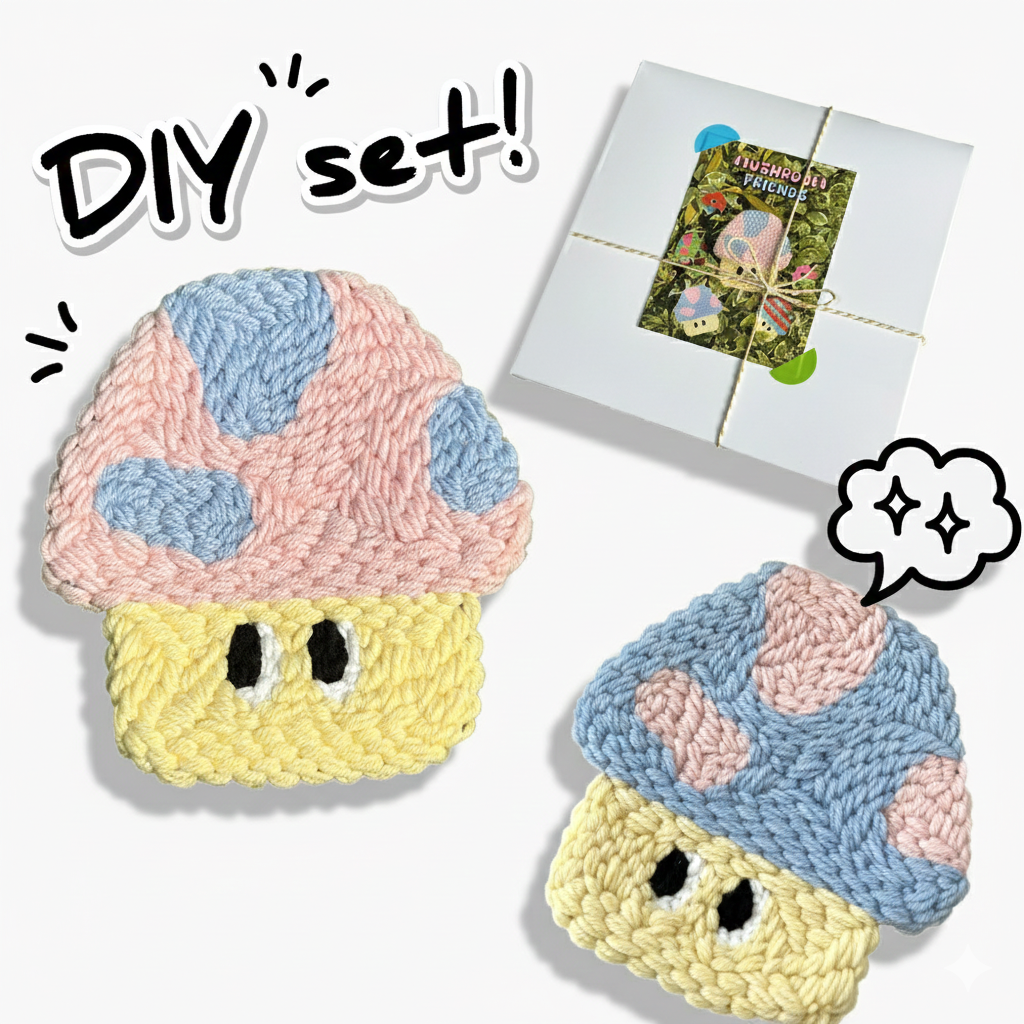 행운의 버섯 오브제 펀치 니들 DIY 2set 티코스터 만들기 키트 패키지 러그 학교 교회 - 상세 이미지 2