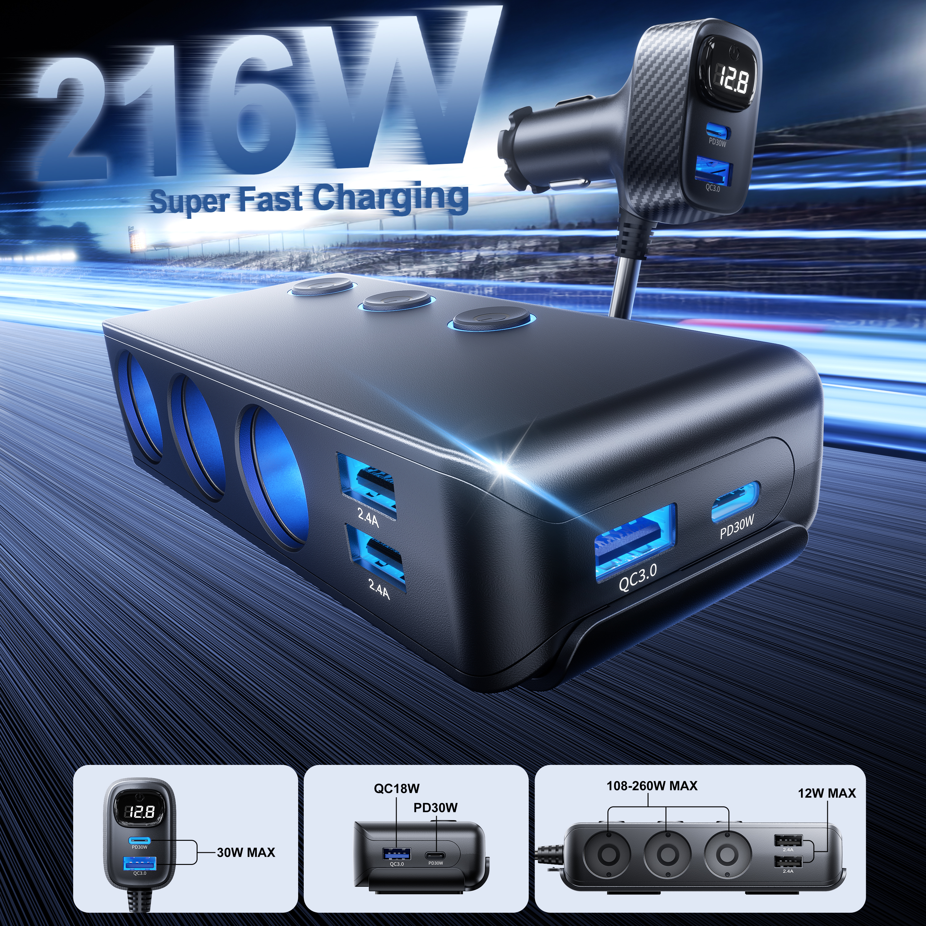 6포트 차량용 3구 스위치 시거잭 멀티소켓 120W 200W 초고속충전 볼트게이지 전압 - 상세 이미지 3