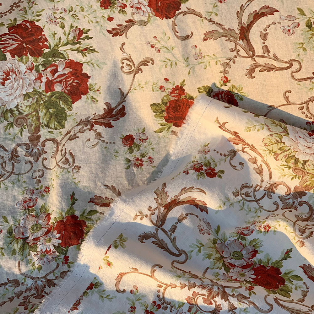 오브제 장미 플라워 15수 린넨원단 면혼방 빈티지 꽃무늬 커튼 앞치마 테이블보 천 이미지 6