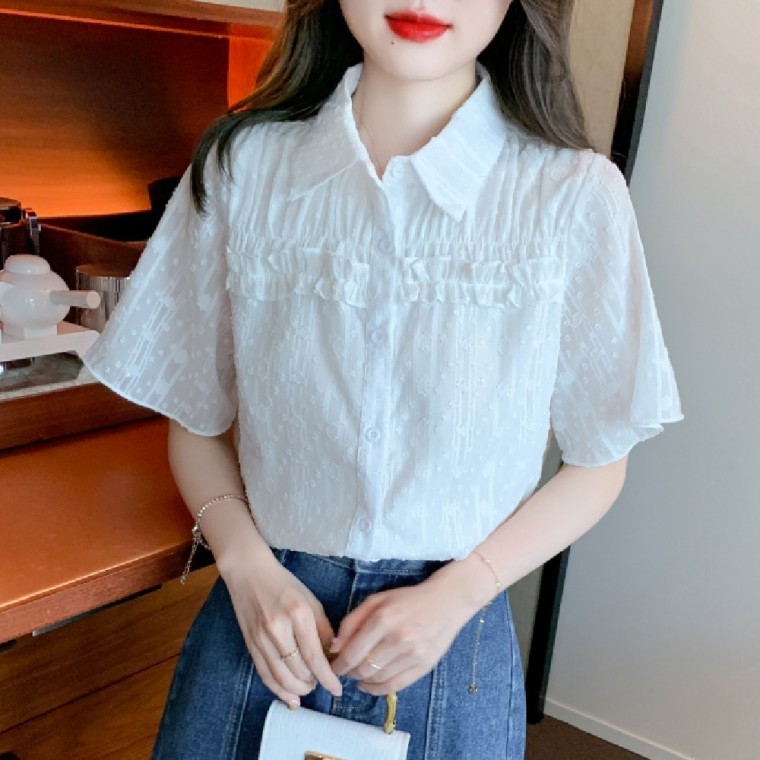 카라 자수 프릴 블라우스 LL-T184 LL-T184 - 메인 이미지