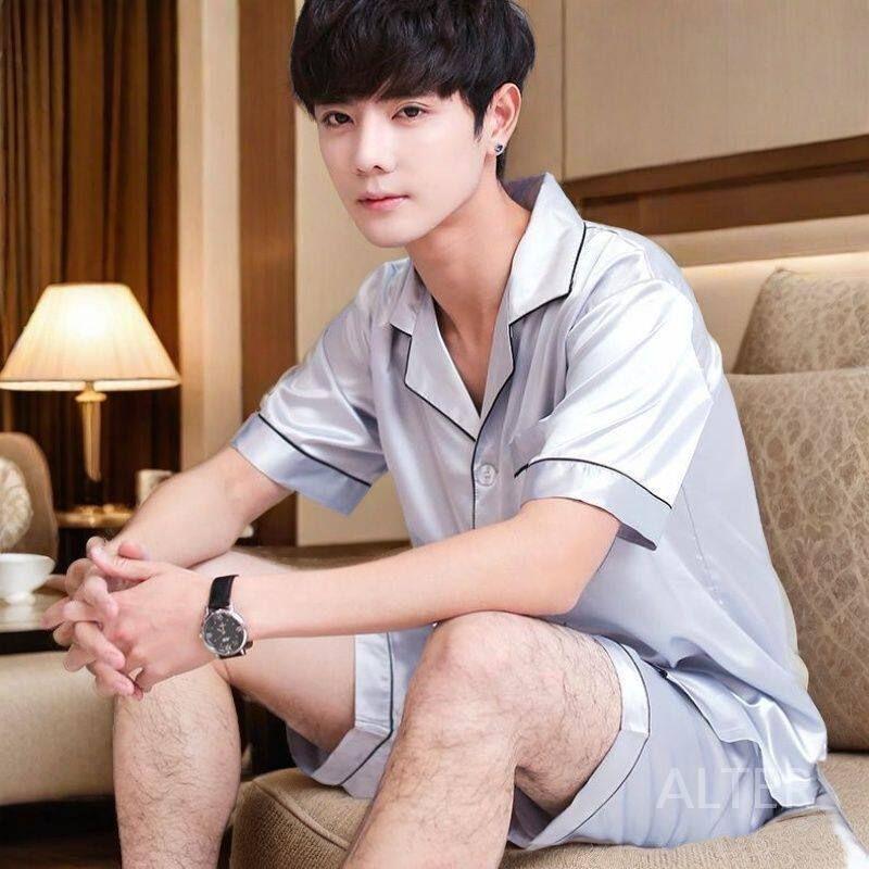 남성실크잠옷 남자 잠옷 가을 실크 얇은 파자마 긴팔 부드러운 - 상품 이미지