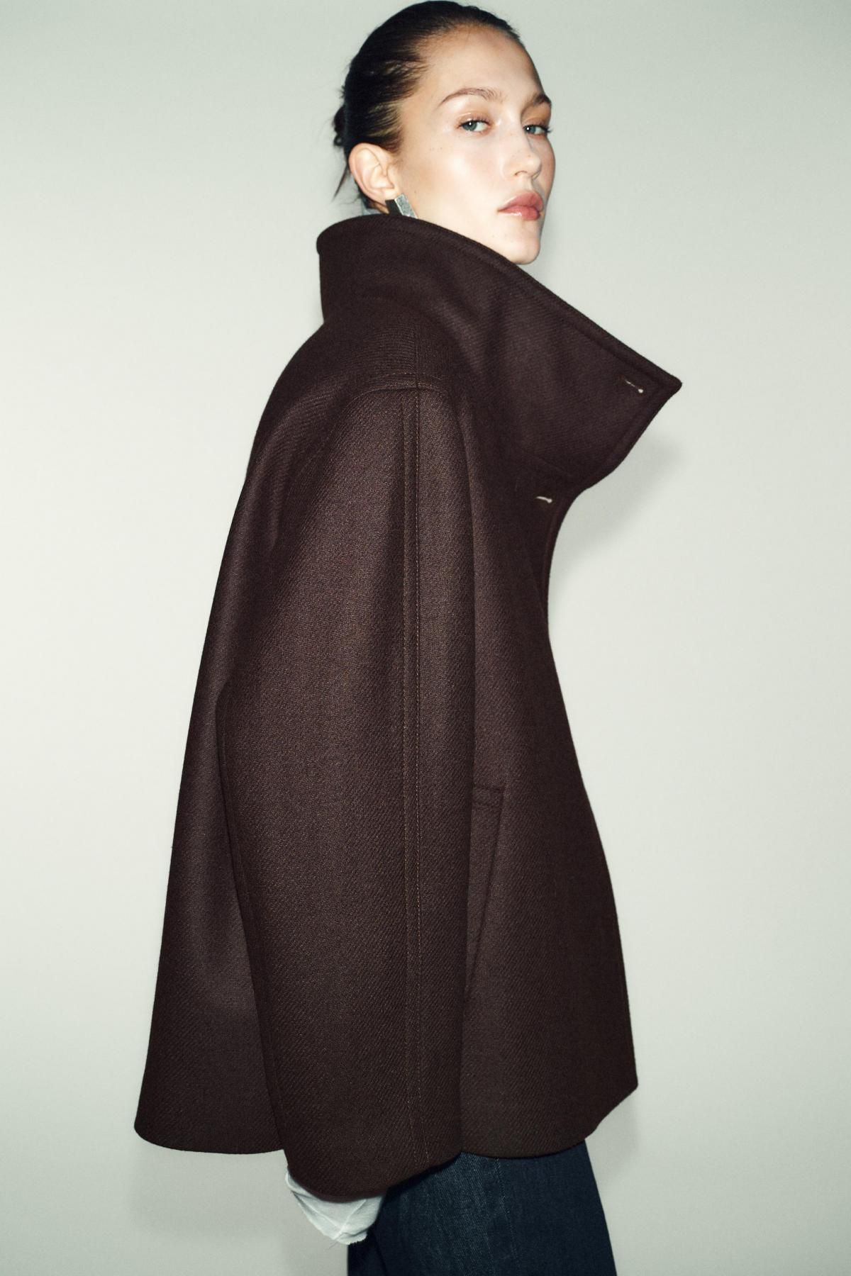 자라 클래식 울 하이넥 크롭 코트 2077/323 BROWN - 상세 이미지 5
