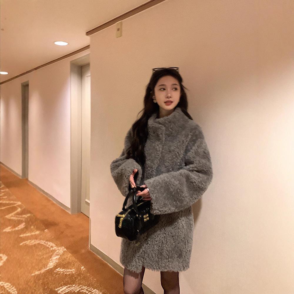 여성 겨울 양털 중장기장 가디건 양모 일체형 - 메인 이미지