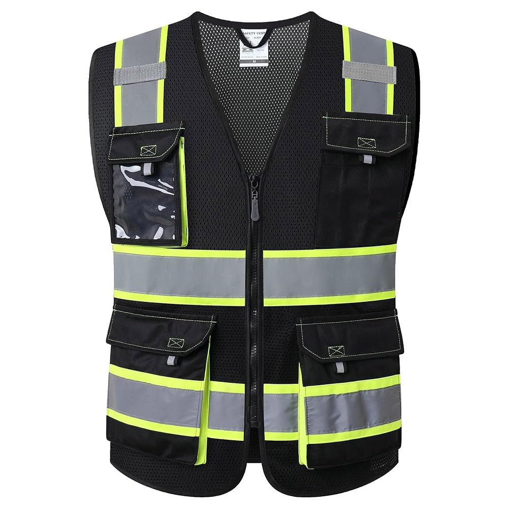 JKSafety Hi Vis 남성용 반사 안전 조끼 포켓 메시 패브릭 건설 의류 작업용 네온 (220-블랙 L) Jk220-black Large - 상품 이미지