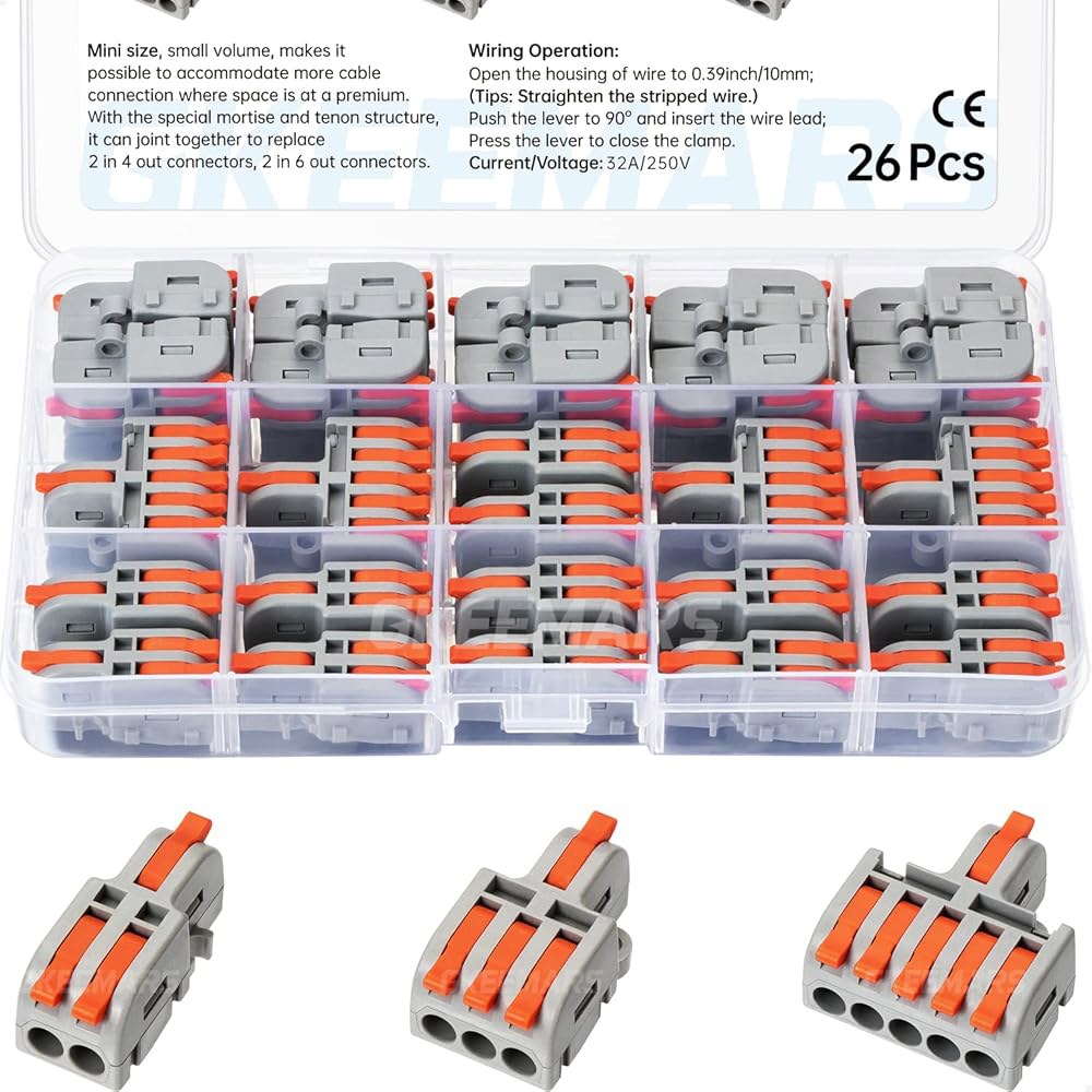 GKEEMARS 26Pcs 컴팩트 스플라이싱 커넥터 와이어 키트 2, 3, 5 회로 인라인 24-12 AWG (그레이) Clear - 상품 이미지