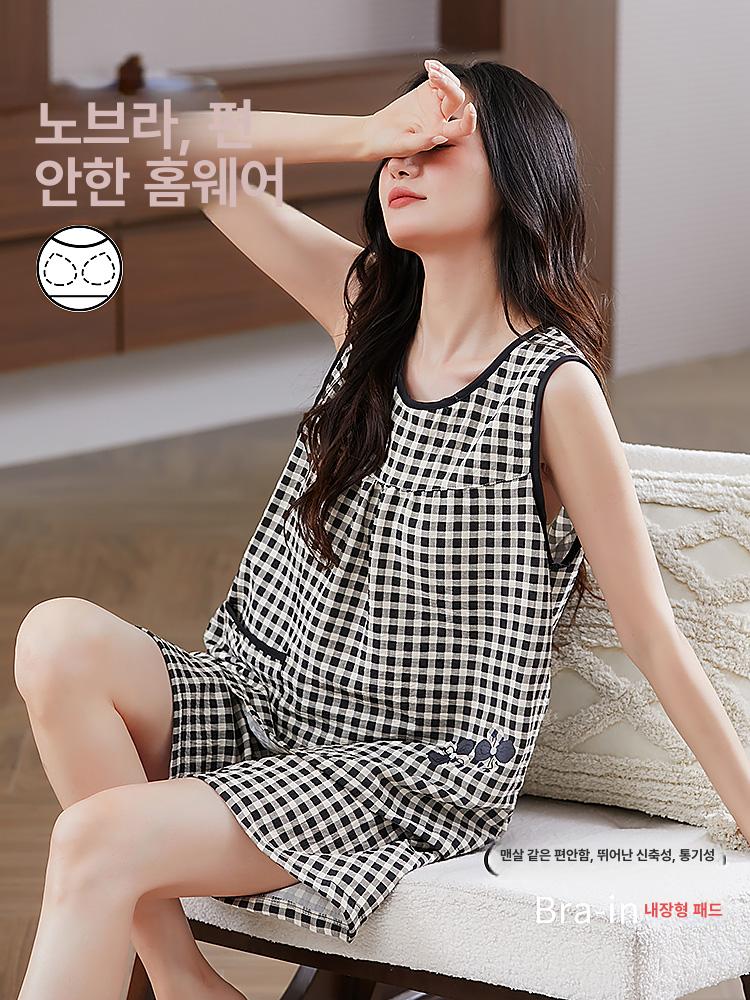 여성 여름잠옷 민소매 반바지 세트 커플 잠옷 홈웨어 가슴 패드 포함 데일리 실내복 - 상세 이미지 2