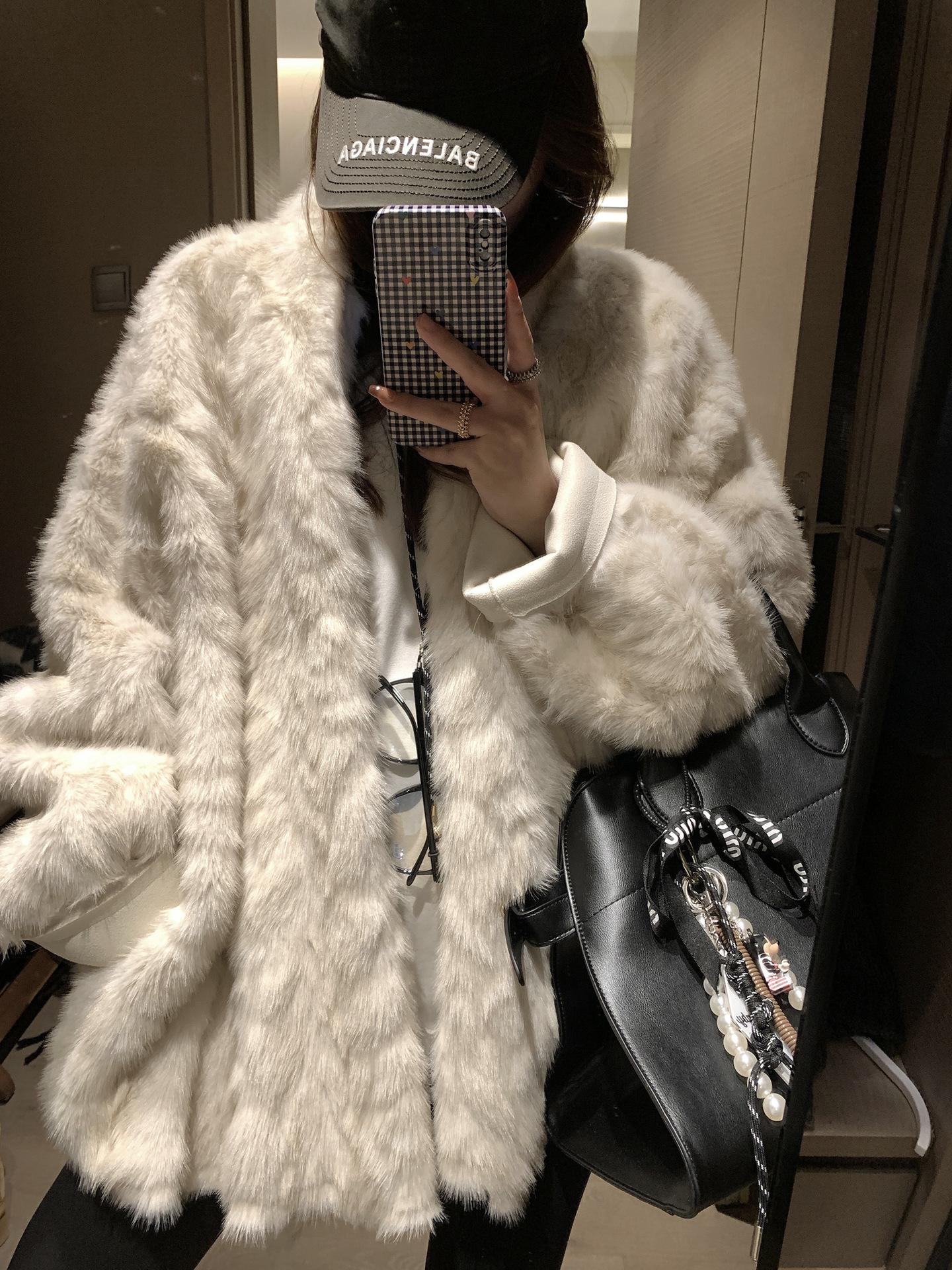 여성용 밍크 모피 브이넥 친환경 코트 가을 겨울 따뜻한 원피스 이미지 6
