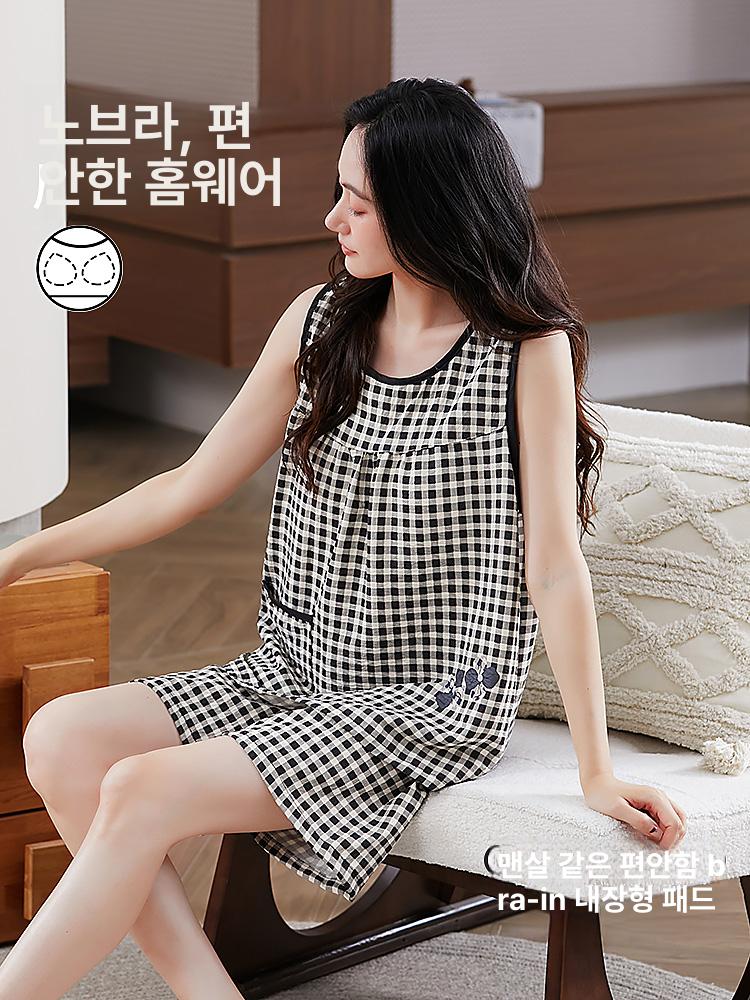 여성 여름잠옷 민소매 반바지 세트 커플 잠옷 홈웨어 가슴 패드 포함 데일리 실내복 - 상세 이미지 4