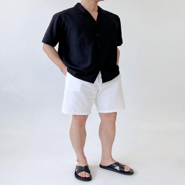 남자 2컬러 여름 오버핏 무지 카라넥 반팔 셔츠 남방 - 메인 이미지