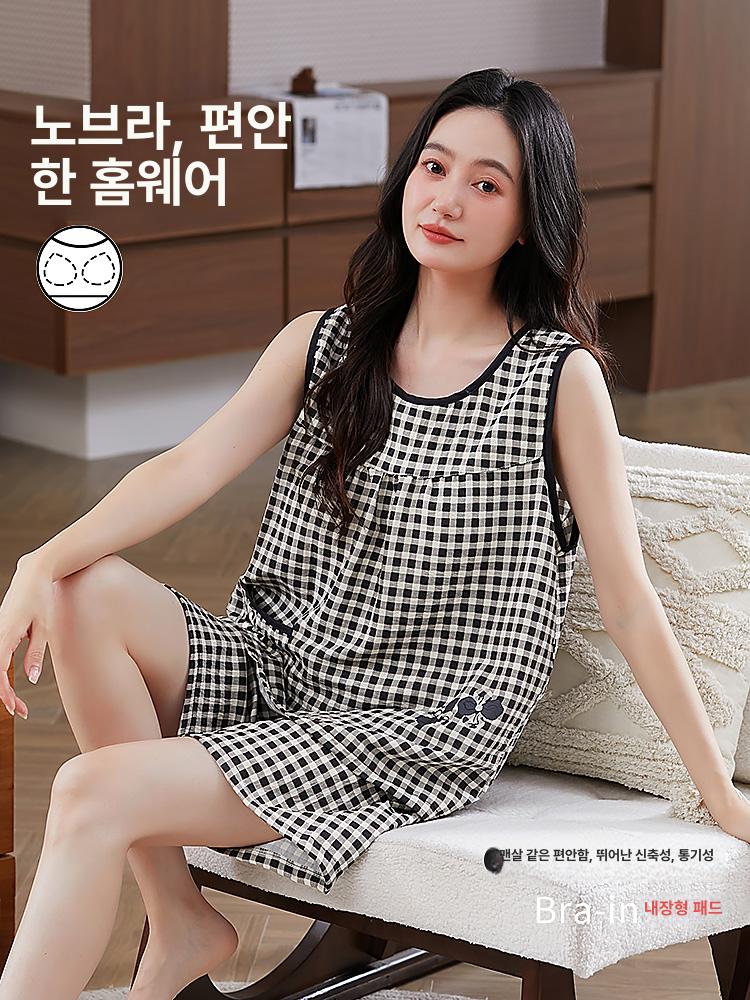 여성 여름잠옷 민소매 반바지 세트 커플 잠옷 홈웨어 가슴 패드 포함 데일리 실내복 - 상세 이미지 3