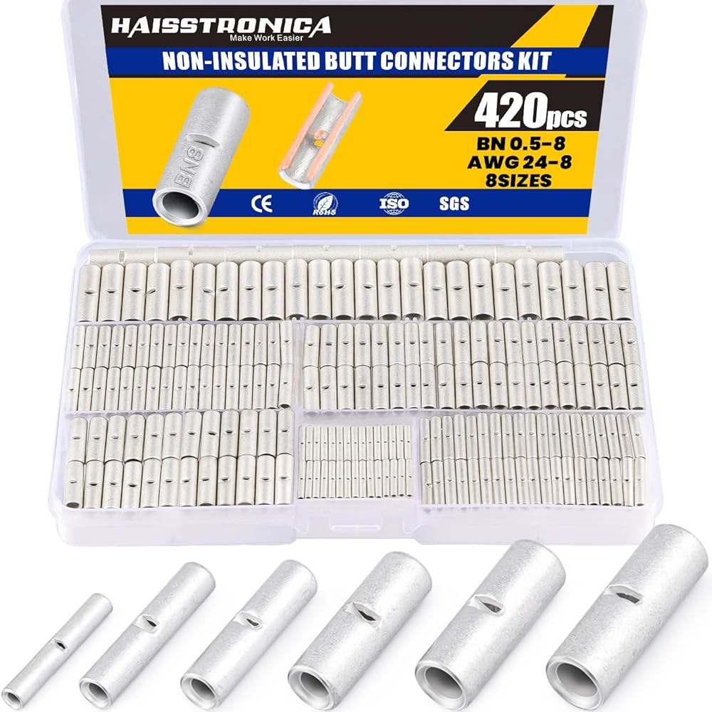 하이스트로니카 비절연 버트 커넥터 키트 420pcs 순수 구리 AWG24-8 와이어 크림프 배선용 220 - 상품 이미지