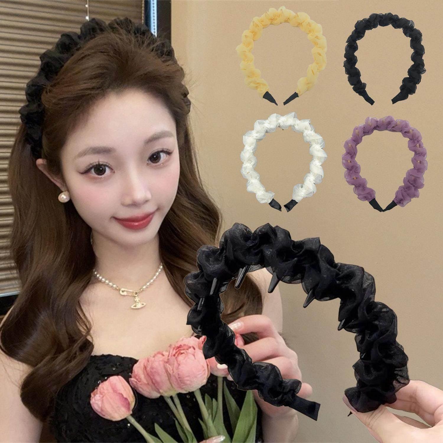 케이크 치즈 패턴 플리츠 머리띠 여성용 여름용 미끄럼방지 블랙 - 상세 이미지 3
