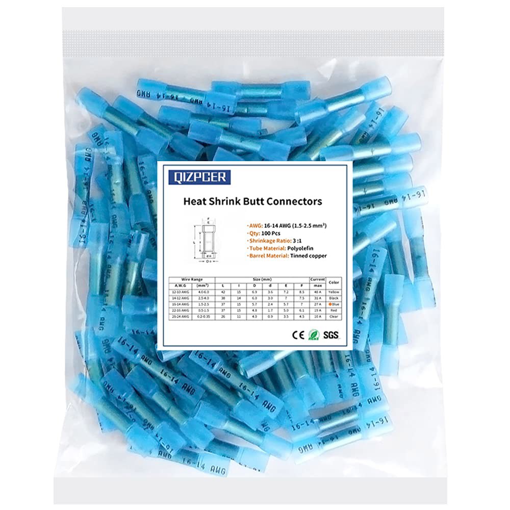 열수축 버트 커넥터, 16-14 AWG 100Pcs 블루 방수 전기 크림프 와이어 스플라이스 해양, 케이블, 배선용 26-24 AWG - 상품 이미지