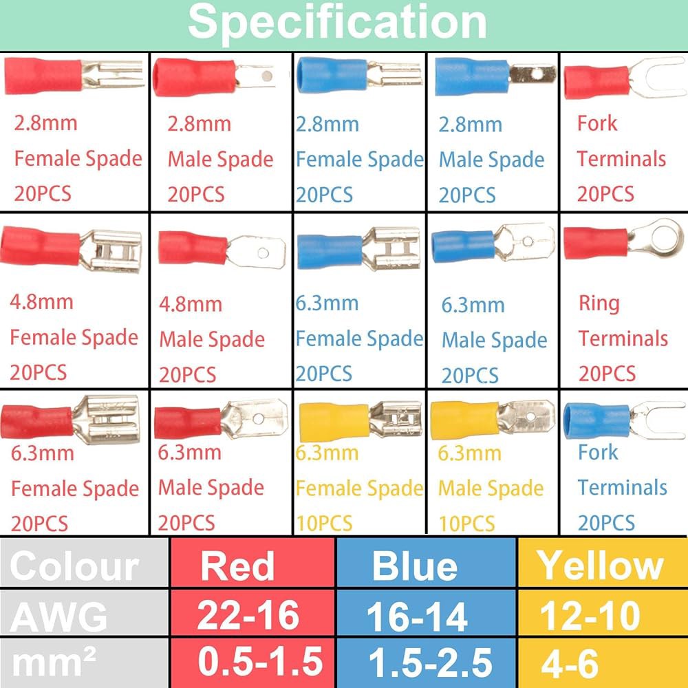 페기줄리 280PCS 크림프 커넥터, 2.8mm 4.8mm 6.3mm 남녀 스페이드 커넥터 키트, 15종 단자 전기 단자에는 링 포크 와이어 커넥터가 포함되어 있습니다 280pcs - 상세 이미지 3