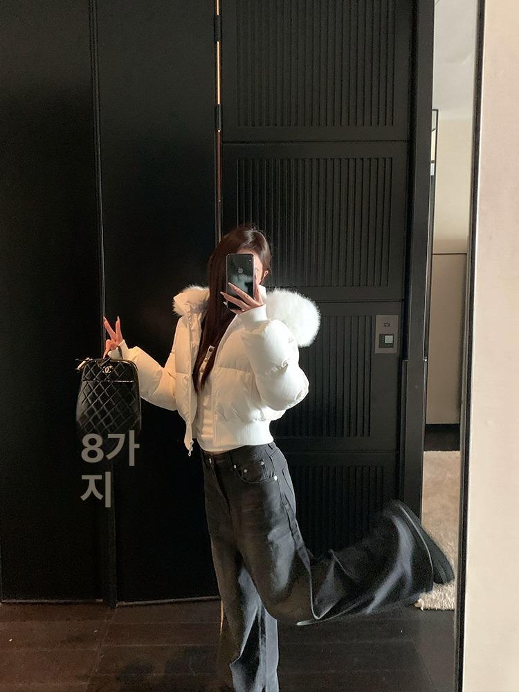 여성 겨울 오리다운 패딩 털 후드 재킷 숏 모피 카라 허리 이미지 7